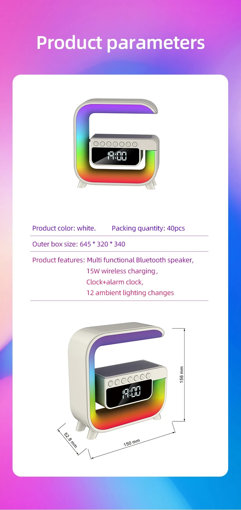 G3 wireless charger, Alarm, Bt speaker